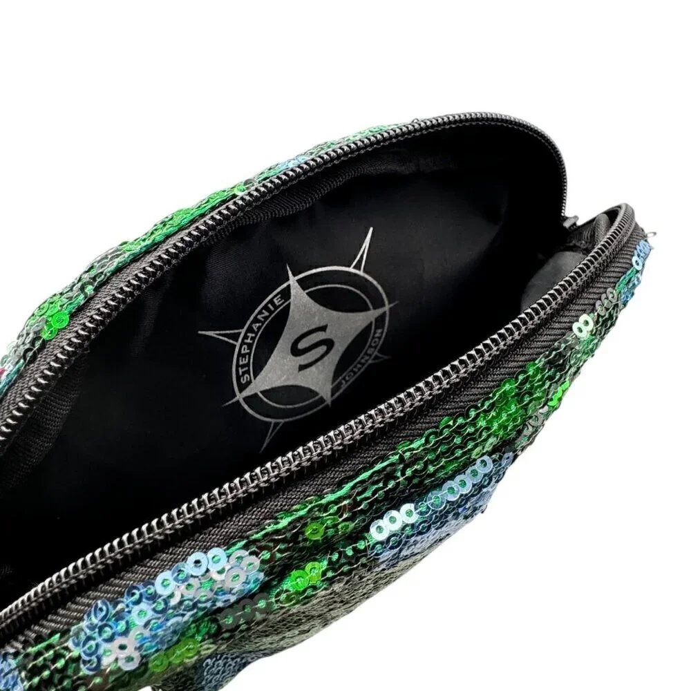 New Stephanie Johnson Makeup Cosmetic Bag Blue Green Sequin Zip Medium Size